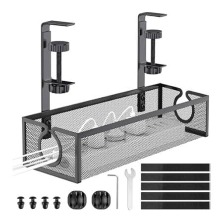 No-Drilling-Extendable-Under-Desk-Management-Metal-Cable-Tray-With-Clamp-Retractable-Power-Strip