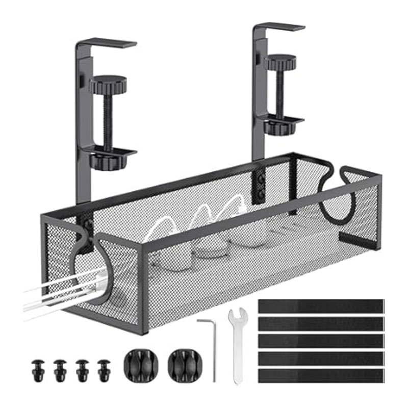 No-Drilling-Extendable-Under-Desk-Management-Metal-Cable-Tray-With-Clamp-Retractable-Power-Strip